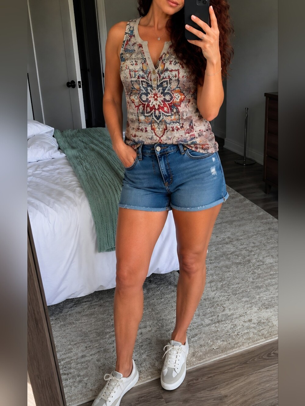 Boho Print Sleeveless Henley Tank Top - Multi